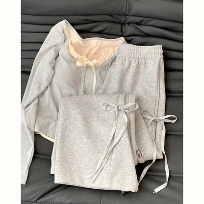 liwuka Summer Korean Style Wear Gray Casual Top Female 2024 New Bow Design Super Sweet High Waist Slim Wide Leg Pants Two-piece Suit