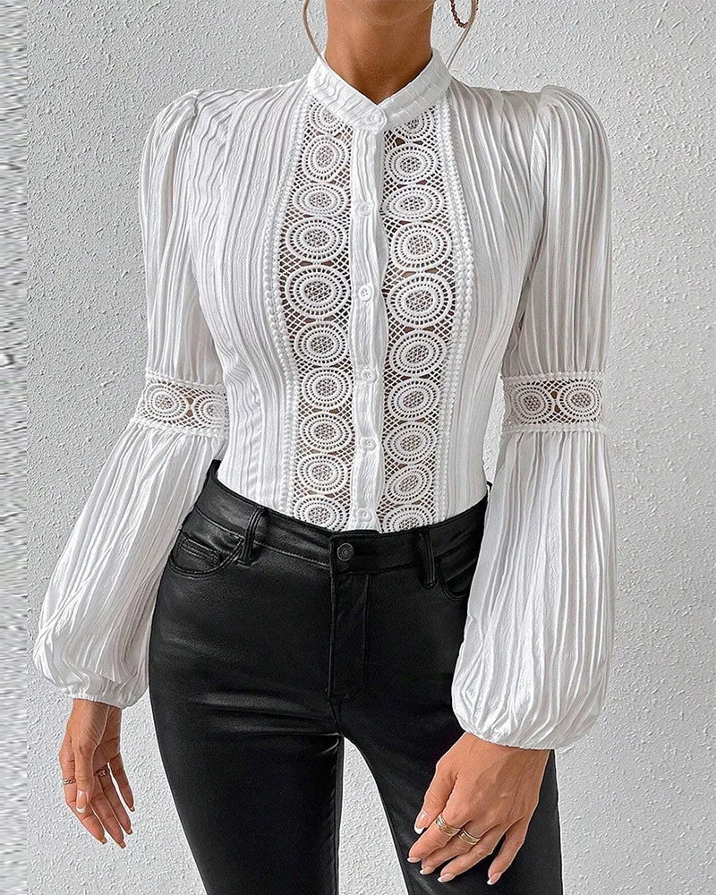 liwuka Women's Elegant Lace Patch Lantern Sleeve Buttoned Top Female Casual Clothing Temperament Commuting New Woman Fashion Blouses