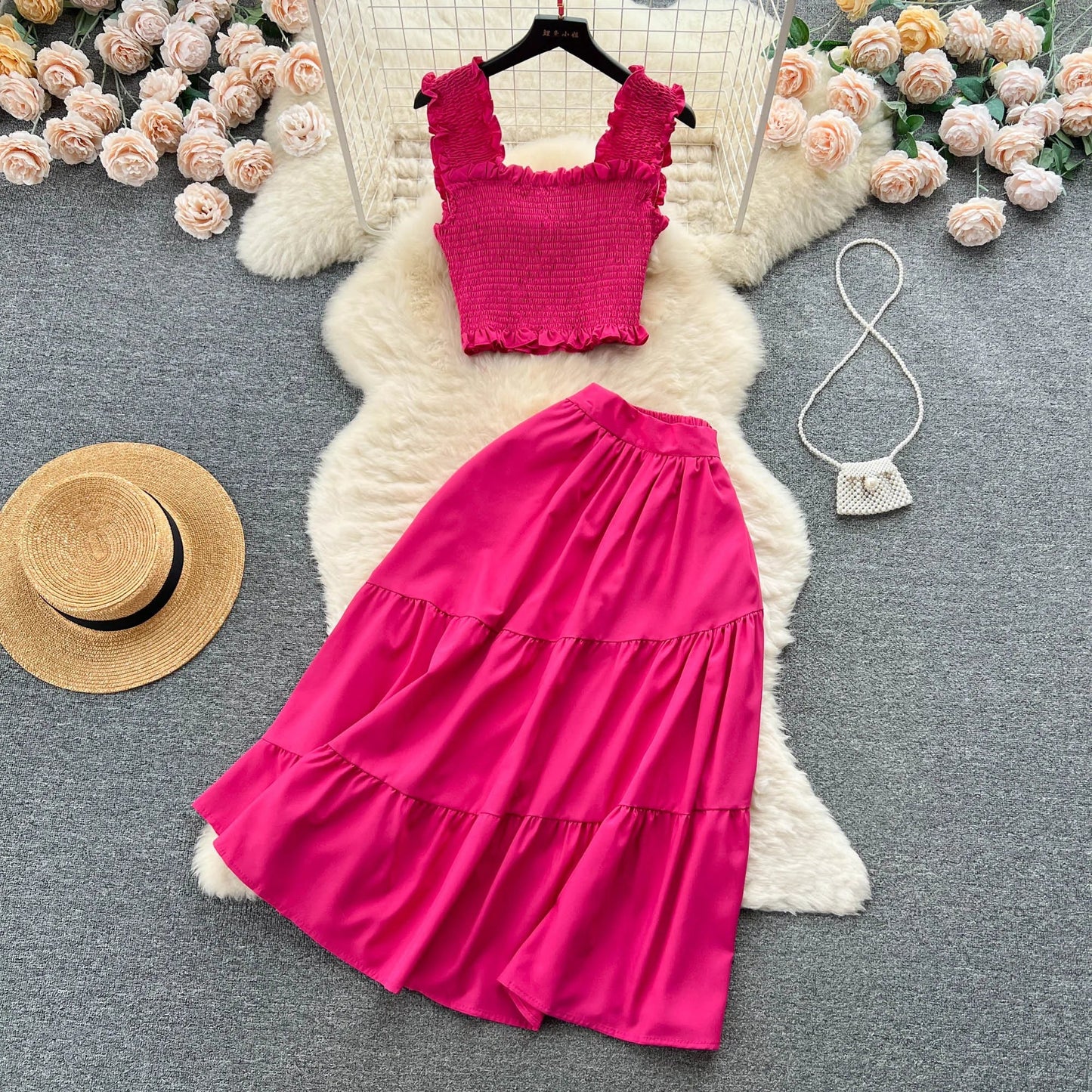 liwuka Chic Fashion Women Dress Suits Summer Vacation Style Sleeveless Stretchy Tops + High Waist Long Skirts Lady Outfits