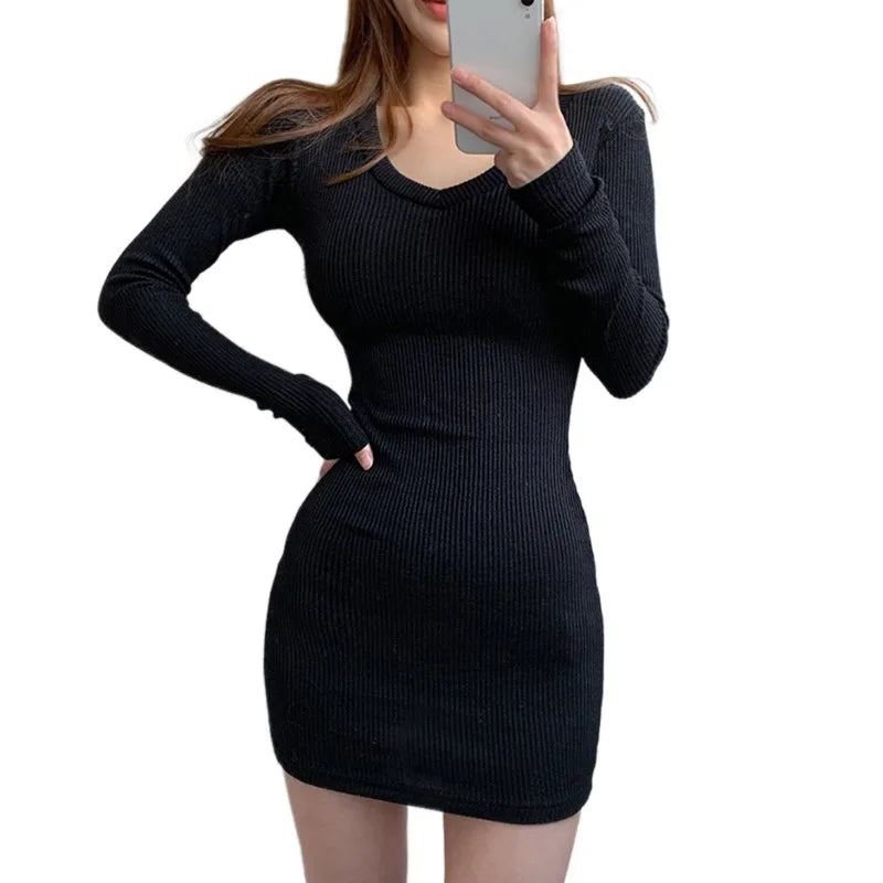 liwuka Women Sweater Dress Knit Bodycon Dress V-Neck Long Sleeve Slim Sexy Dress Autumn Solid Color Casual Dresses Lady Mini Dresses