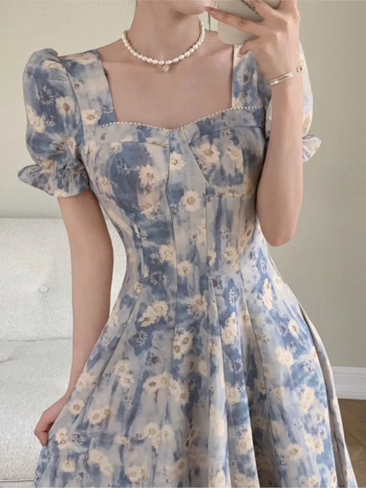 liwuka Floral Print Summer Plus Size Dress for Women Elegant Puff Short Sleeve Square Collar Dress French Vintage Party Midi Dress