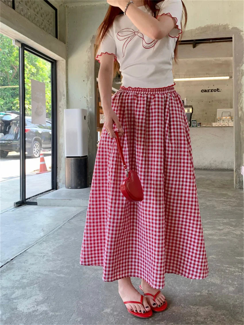 liwuka Red Skirts Women Plaid Chic Loose Office Lady High Street Vintage Sweet 2024 Casual Summer Slim Short Sleeve T-Shirts