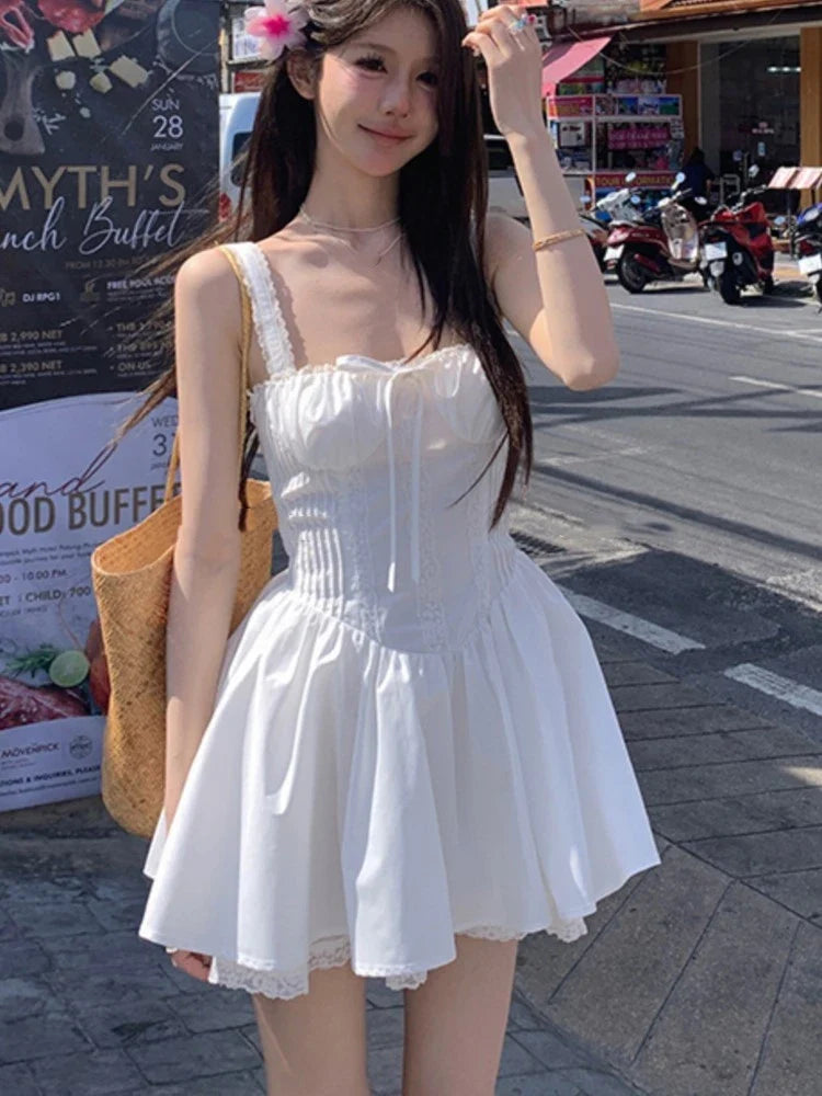 liwuka Korean Chic Summer Short Dress Women New Spaghetti Strap Solid A-line Holliday Beach Party Dresses Y2K Kawaii One Piece Vestido