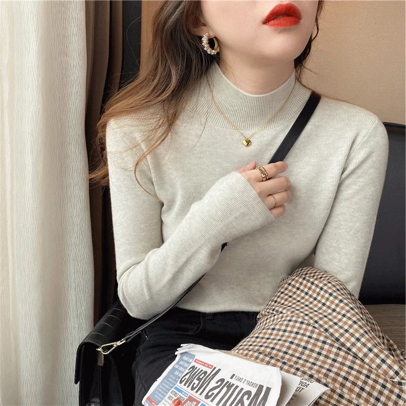 liwuka Autumn Winter Women Mock neck Sweaters Pullover Tops Knitwear Fashion Female Long Sleeve Skinny Elastic Casual Knitted Shirts