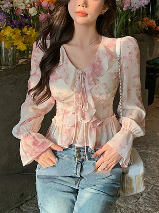 liwuka Chiffon Print Elegant Vintage Blouse Women Flare Sleeve Fairy Sweet Blouse Female Ruffles France Style Causal Tops Summer