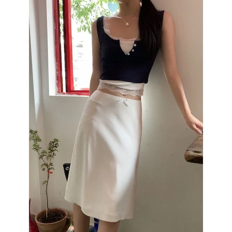 liwuka Elegant White Women Skirt Fairycore Ruffle Mid Skirts Coquette Summer Sexy A-line Basic Casual Korean Style Silk Skirt