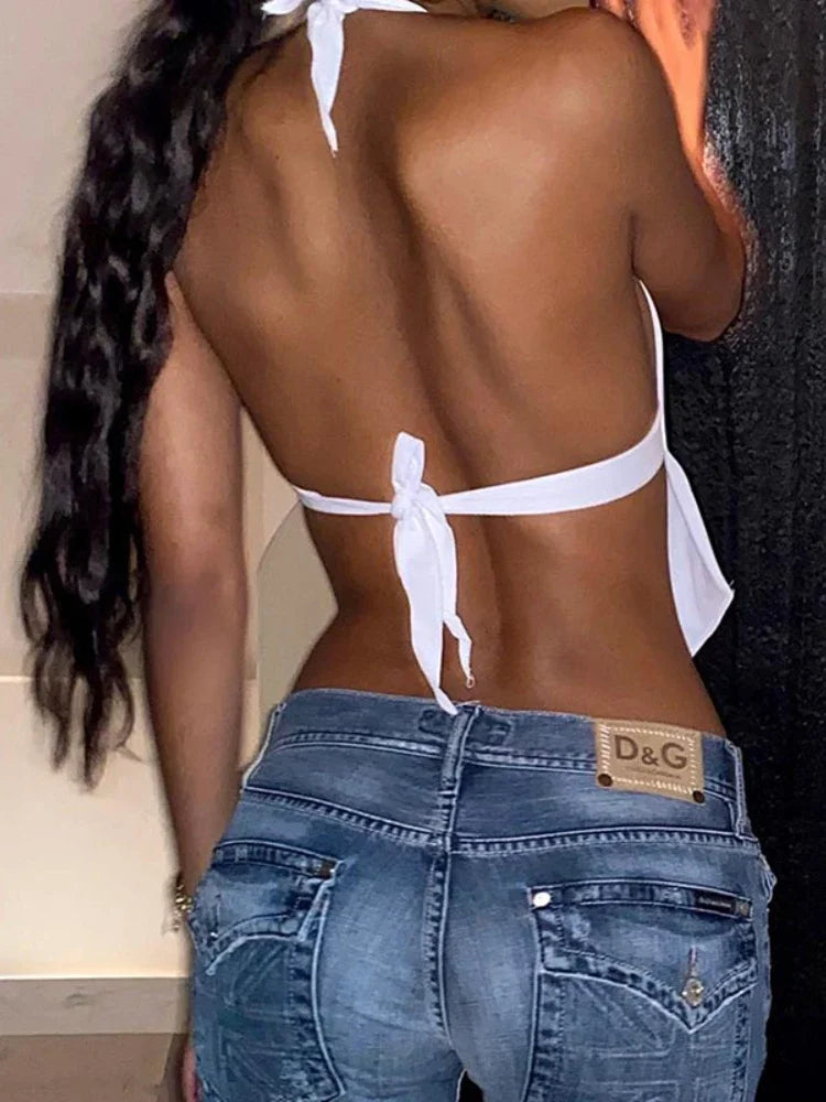 liwuka White Backless Tank Top Sleeveless Women Clothing Hanging Neck Y2k Accessories Slim Sexy Streetwear Lace-Up Ropa De Mujer Summer