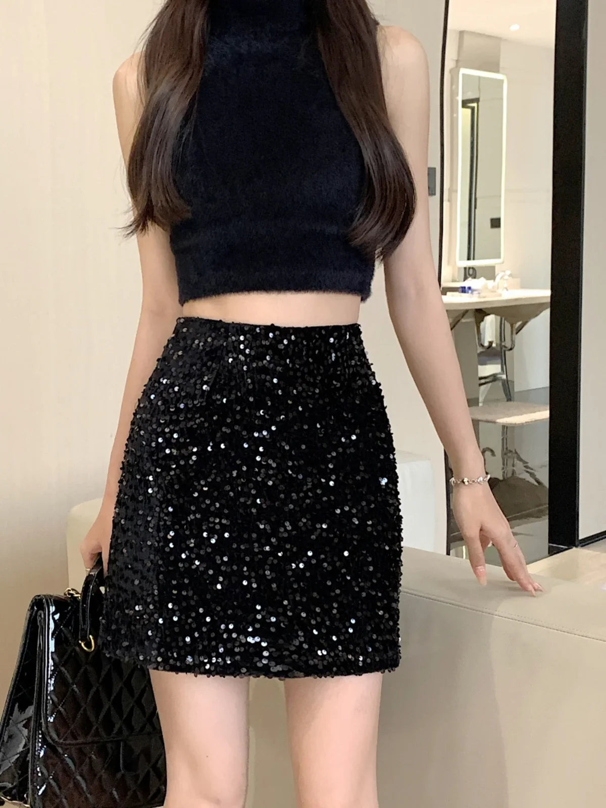 liwuka Women's Black Gothic A-line Skirt Y2k Skirts Harajuku Streetwear Aesthetic Vintage Sequin Mini Skirt 2000s Korean Clothes Summer