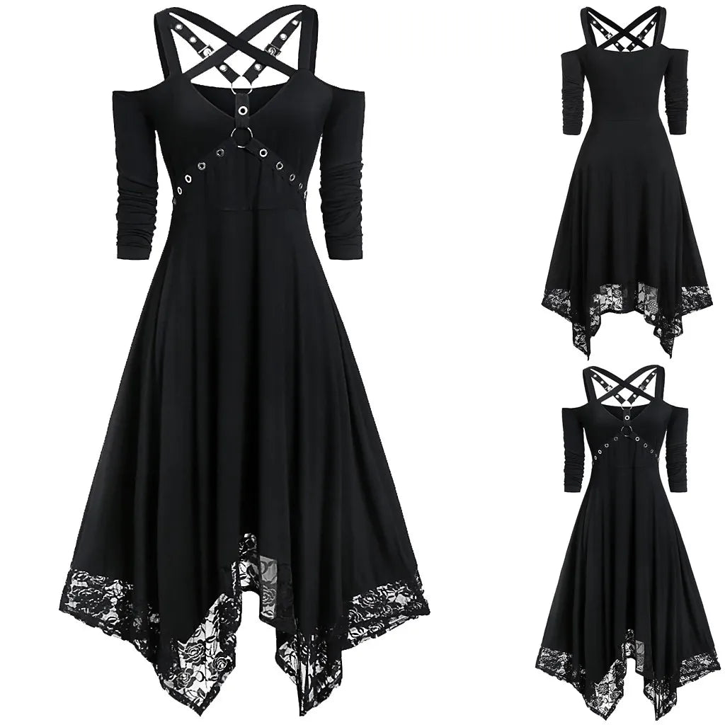 liwuka Open Sleeve Half Halloween Plus Women Gothic Dress Shoulder Lace Size Women'S Dress Long Sleeve Womens Swing Dress