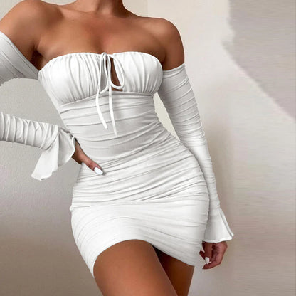 liwuka Classic Flare Sleeves Wrapp Chest Dress Summer Women's Mid Waist Elastic Nightclub Club Pleated Design A-line Slim Fit Dress