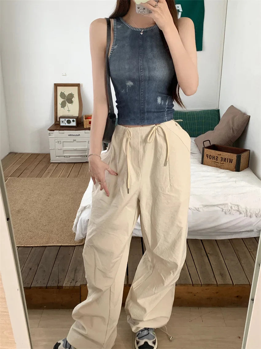 liwuka Hot Girls Summer Hole T-Shirts New Women Slim Sexy Casual 2024 Wide Leg Pants Mopping Office Lady High Street Fashion