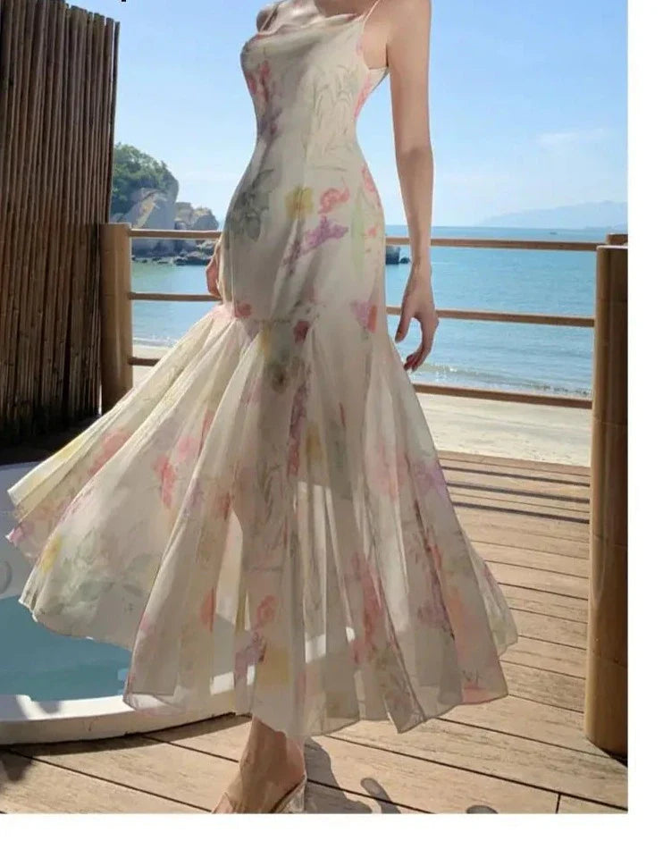 liwuka Elegant Backless Print Mermaid Party Dresses Summer Stylish Sexy Spaghetti Strap Holiday Beach Robe Women Package Hip Dress