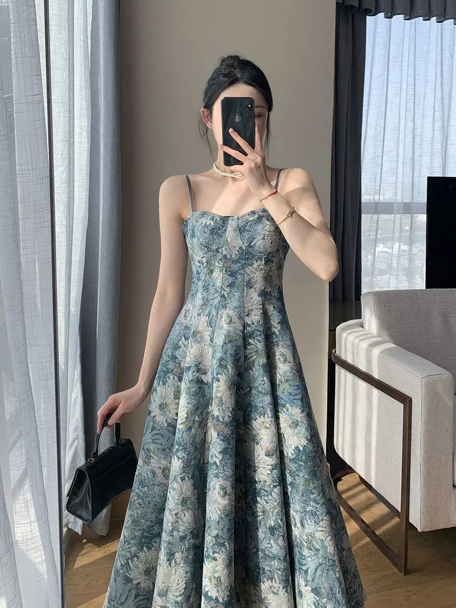 liwuka Summer Long Dresses Women Vintage Prints Elegant French Temper Midi Dress Stylish Partywear Sexy Ladies Sleeveless Ropa Mujer