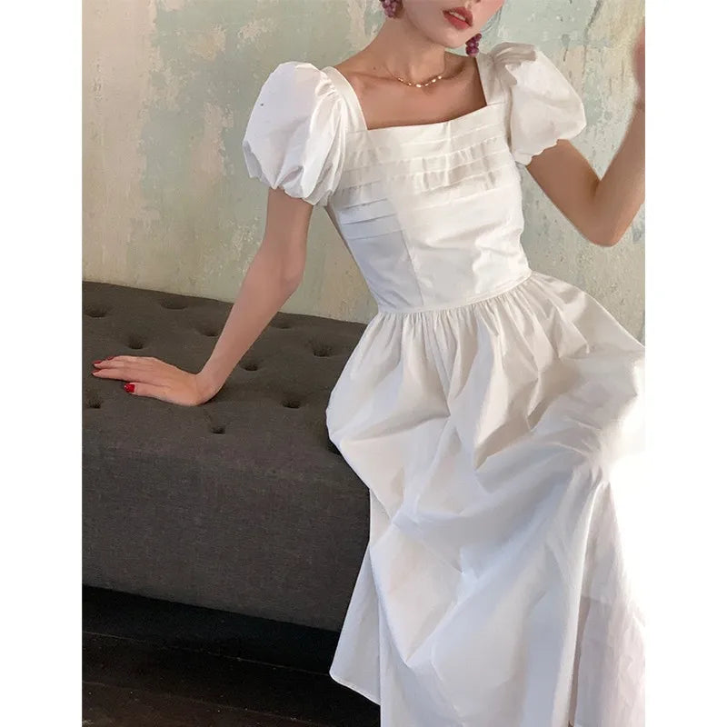 liwuka White Sweet Elegant Fairy Dress Women Puff Sleeve Folds Design Midi Dress Female Korean One Piece Dress Party 2024 Summer Casual