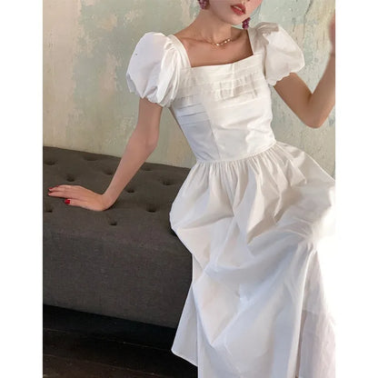 liwuka White Sweet Elegant Fairy Dress Women Puff Sleeve Folds Design Midi Dress Female Korean One Piece Dress Party 2024 Summer Casual