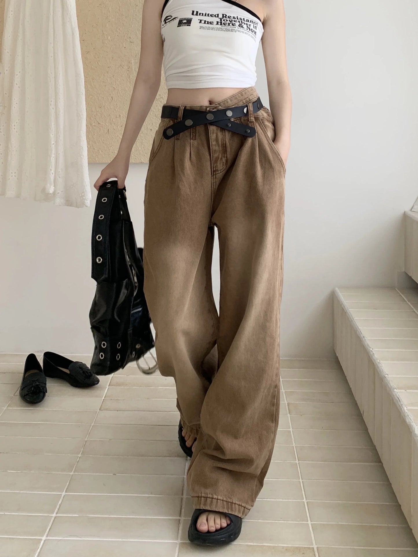 liwuka New Solid Color Slim Belt Women Jeans Simple Basic Dark Brown Straight Pants Chicly Fashion Street Casual Loose Woman Jeans