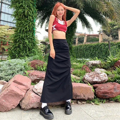 liwuka Vintage Cargo Skirt Women Ruffle Y2k Fashion Slit Skirts Streetwear Casual Solid Summer Long Skirt Aesthetics A-line