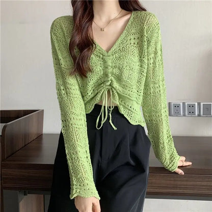 liwuka Korean Simple Hollow Out Drawstring Knit Sweaters Women Spring Summer Solid V-Neck Lace Up Sweet and Spicy Sexy Design Short Top