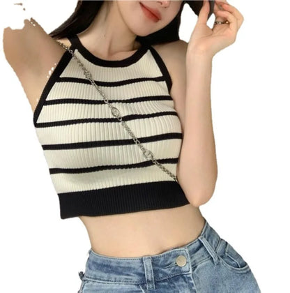 liwuka Short Pure Desire Spicy Girl Sweater Vest for Women's Summer Waist Tightening Stripe Casual Style Knitted Top Female Clothing