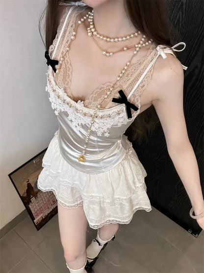 liwuka French pure desire lace splicing bow halter top summer new temperament Slim A word skirt suit fashion women 2024