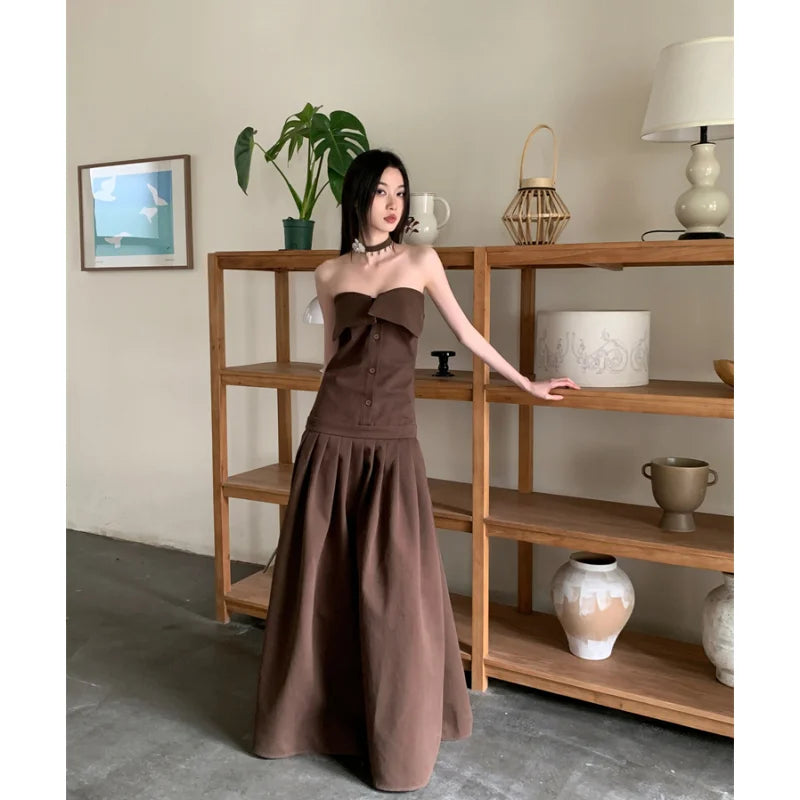 liwuka NEW Brown Elegant Party Dresses Chest Wrapping Solid Women's Clothing Dress Lace Sexy Fashion Retro Summer Long Ball Dress