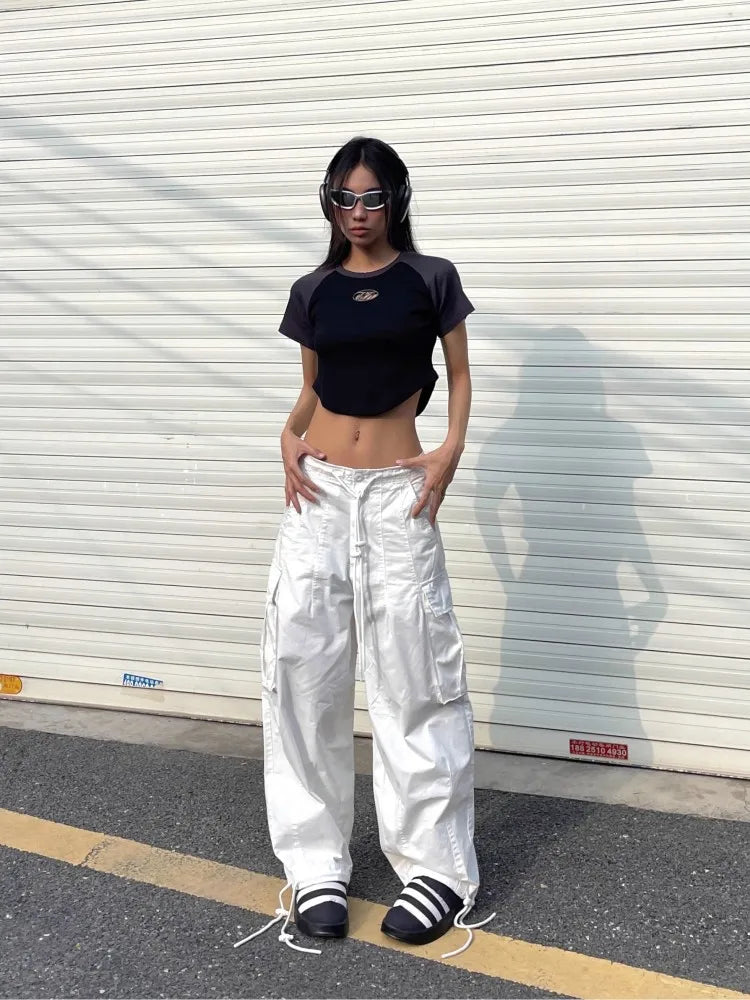 liwuka American White Spicy Girl Workwear Pants, Women'S Design Sense, Drawstring Pockets, Loose Fitting Wide Leg Casual Pants