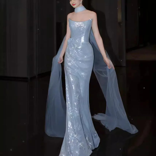 liwuka Light Blue Strapless Starry Sky Evening Dress Boat Neck  Sequins Mermaid Dress Summer Sexy  Model Catwalk Prom Dress Vestido