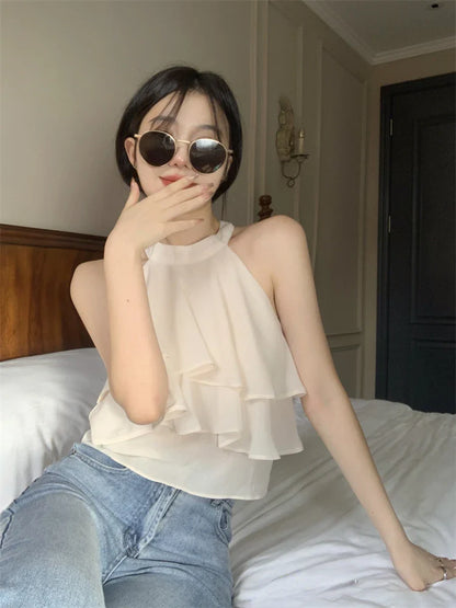 liwuka Summer Pure Color Korean Style Fashion Blouse Office Lady New Basic Sexy Sleeveless Tops Woman Beach Casual Slim Clothing