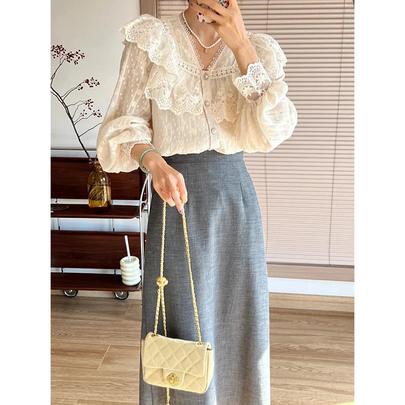 liwuka Vintage French Women Shirts Lace Lolita Elegant Long Sleeve Flounce Blouse High Quality Office Lady New Fashion Chic Female Tops