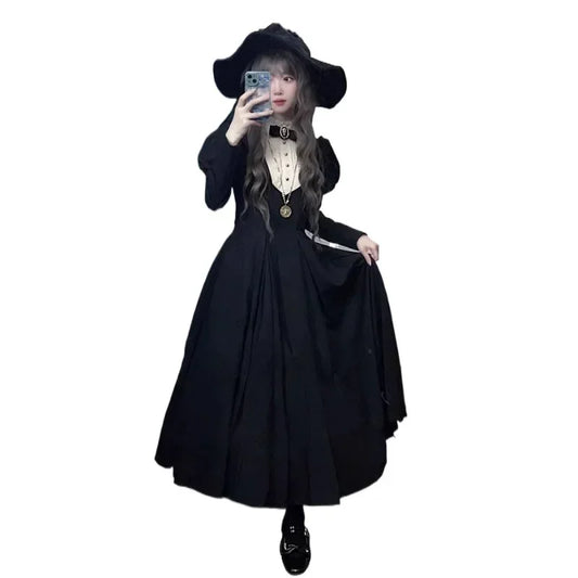 liwuka 2024 New Gothic Punk Dark Style Lolita Women's Dress Harajuku Vintage Black Long Bubble Sleeve Waist Cinched Dress Autumn Winter