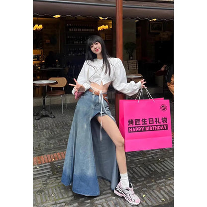 liwuka 2024 Summer Women's Harajuku Vintage Baggy Blue Denim Skirt High Waist Y2K Street Style Basic Casual A-line Slim Fit Slit Skirt