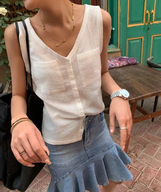 liwuka Casual Women Thin Cotton Summer Vest 2024 New V-neck Pocket Single Breasted Office Lady Tank Beige Black Fashion Sleeveless Top