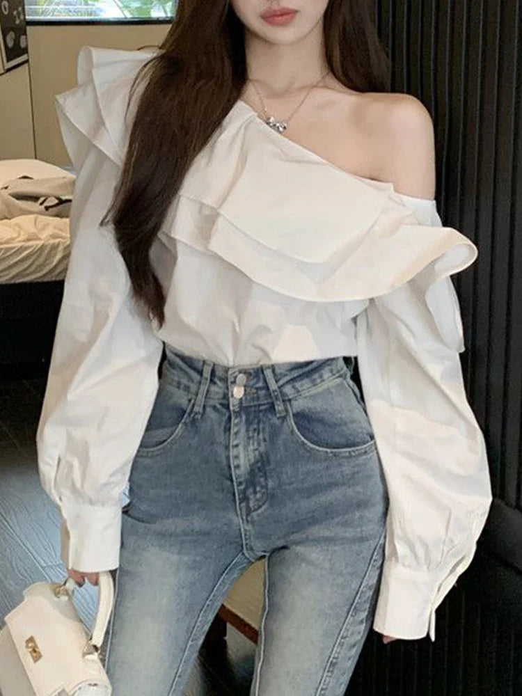 liwuka Korean Fashion White Shirts Women Spring Long Sleeve Slash Neck Casual Blouses Elegant Off Shoulder Ruffles Ladies Tops Blusas