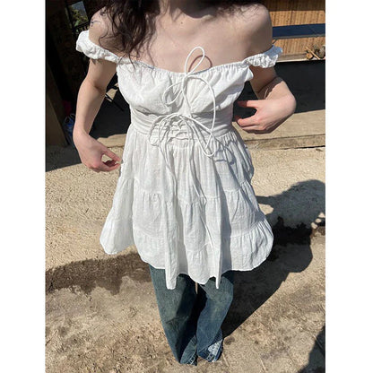 liwuka Japanese Y2k White Mini Dress Women Sweet Cute Bandage Ruffle Dresses Aesthetic Summer Sleeveless Elegant Girls Dress