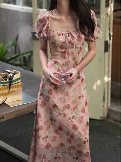 liwuka French Vintage Floral Printed Midi Dresses for Women Summer Puff Sleeve Square Collar Slim Party Dress Casual One Piece Vestido