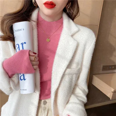 liwuka Autumn Winter Women Mock neck Sweaters Pullover Tops Knitwear Fashion Female Long Sleeve Skinny Elastic Casual Knitted Shirts