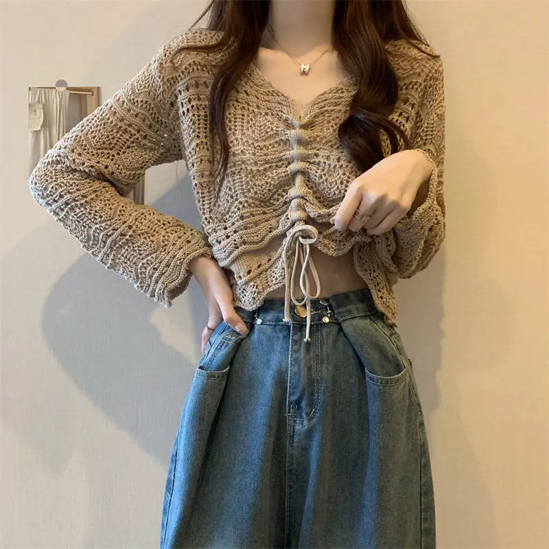 liwuka Korean Simple Hollow Out Drawstring Knit Sweaters Women Spring Summer Solid V-Neck Lace Up Sweet and Spicy Sexy Design Short Top