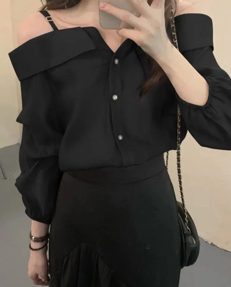 liwuka Fashion Shirts Women Sexy Off Shoulder Blouse Summer Casual Straps Button Tops Long Sleeve Pleated Solid Loose Tunic