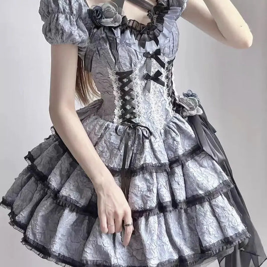 liwuka Gothic Lolita Jsk Dress Women Victorian Retro Elegant Flower Ruffles Lace Bandage Mini Dress Halloween Girl Sweet Dress