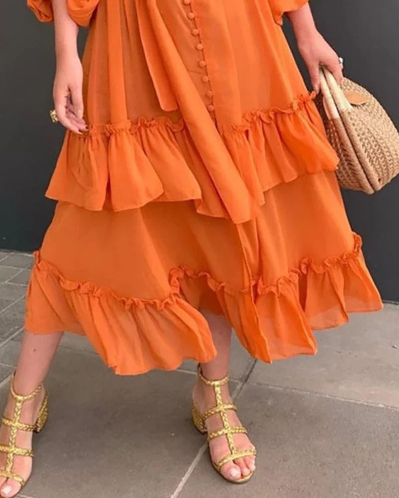 liwuka Orange Ruffles Midi Dress For Women Lantern Sleeve Button Solid Dress With Belt Daily Vacation Party Vestido