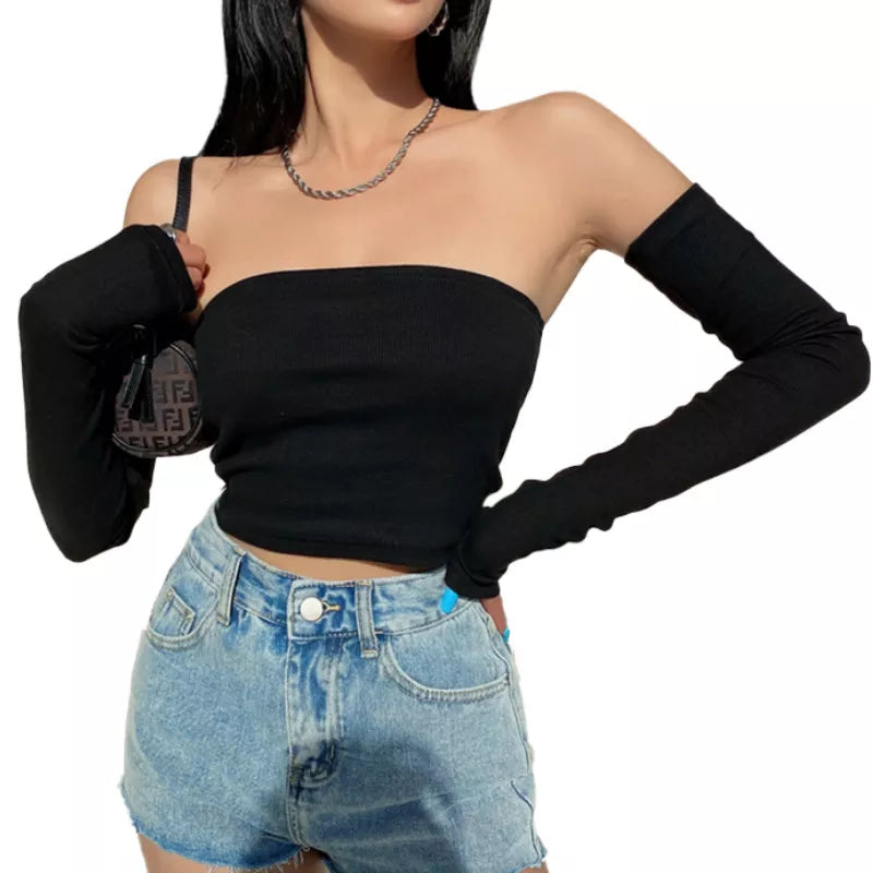 liwuka Female Crop Tops T-shirts, Solid Color Boat Neck Off Shoulder Sexy Tops Pullover with Long Sleeves for Summer Club Wear