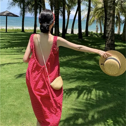 liwuka 2024 New Sexy Women Backless Beach Dress Summer Elegant Chic Cotton Loose Rose Red Vacation Y2K Lace Up Long Kawaii Clothing