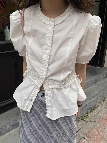 liwuka Fairycore White Blouse Women Short Sleeve Slimming Waist Shirts Feminina Ladies Cropped Tops Korean Fashion Chic New