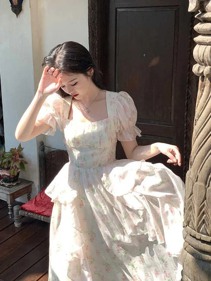 liwuka One Piece Dress Korea Fairy Floral Midi Dress Women Puff Sleeve Elegant Vintage Dress Female Party Dress Office Lady Summer