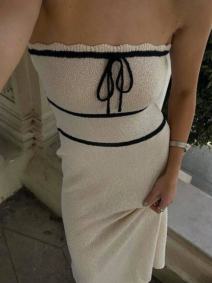 liwuka Tube Knit Long Dress Summer Off Shoulder Sleeveless Casual Skinny Knit Maxi Tube Dress Bow Laceup Knit Party Dress