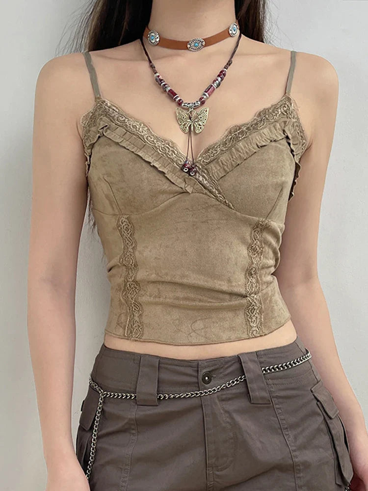 liwuka y2k Lace Mini Vest Women Spaghetti Strap Khaki Crop Top Women Harajuku Basic Casual Sweats Vintage Chic Camis Summer