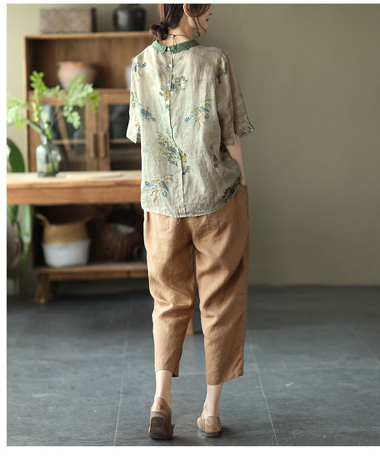 liwuka Women Summer Casual Shirts New Vintage Style Floral Print Loose Comfortable Cotton Linen Female Half Sleeve Tops