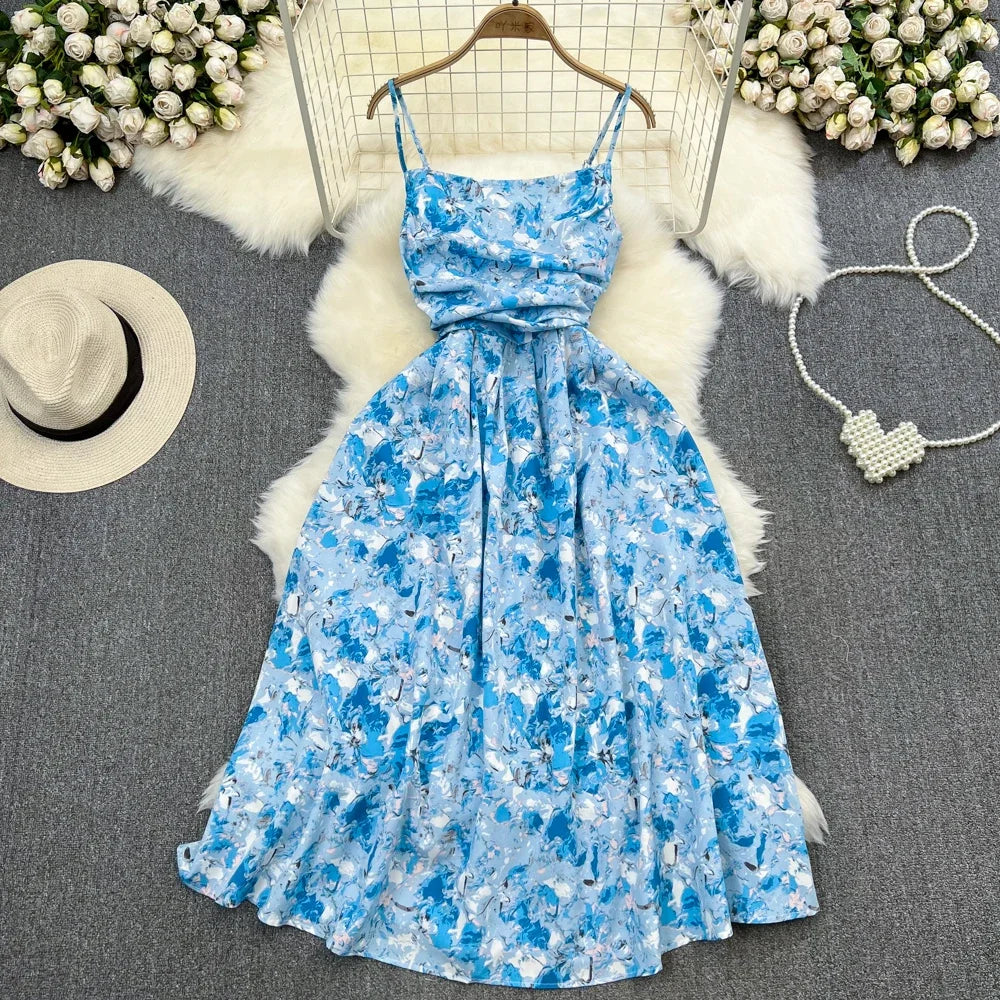 liwuka 2024 New Summer Romantic Floral Print Long Dress Vintage Rose Print High Waist Spaghetti Strap Summer Dress Lady Beach Sundress