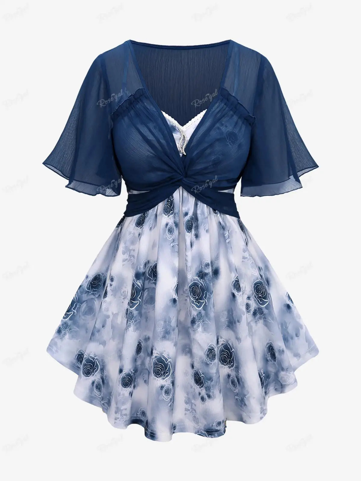 liwuka Plus Size New Women's T-Shirts Blue Flower Print Lace Trim Ruched Camis Top And Ruffles Twist Blouse Set