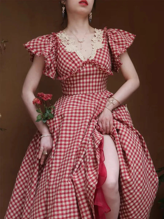 liwuka Vintage Victorian Style Red Plaid Dress Woman Summer Cottage Core Lace V-Neck Flying Sleeve Gatsby Pirncess Dresses Faldas